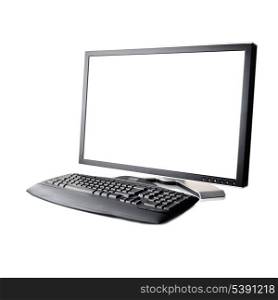 monitor and black keyboard isolated on white close up