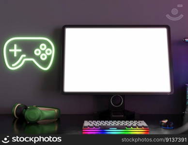 Monitor with blank white screen. Gaming at home. Computer mock up. Copy space for app, game, website presentation. Empty screen. Modern interior. Neon lights. Gamer place. 3D render. Monitor with blank white screen. Gaming at home. Computer mock up. Copy space for app, game, website presentation. Empty screen. Modern interior. Neon lights. Gamer place. 3D render.