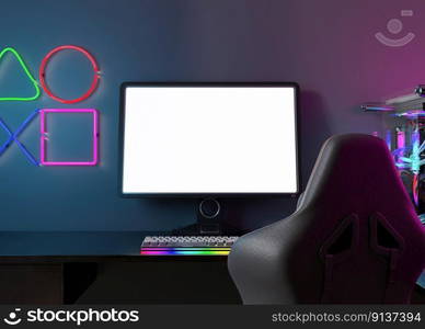 Monitor with blank white screen. Gaming at home. Computer mock up. Copy space for app, game, website presentation. Empty screen. Modern interior. Neon lights. Gamer place. 3D render. Monitor with blank white screen. Gaming at home. Computer mock up. Copy space for app, game, website presentation. Empty screen. Modern interior. Neon lights. Gamer place. 3D render.