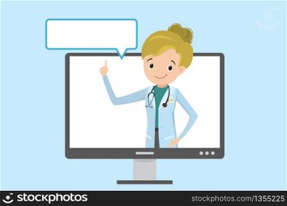 Monitor with happy caucasian doctor,online consultation,empty speech bubble,place for text,flat vector illustration