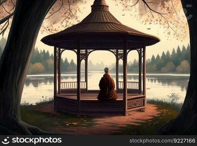 Monk in a gazebo on a lake illustration. AI generative.