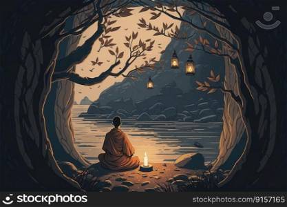 Monk sitting in lotus position on a rock and meditating viewed from back by≥≠rative AI