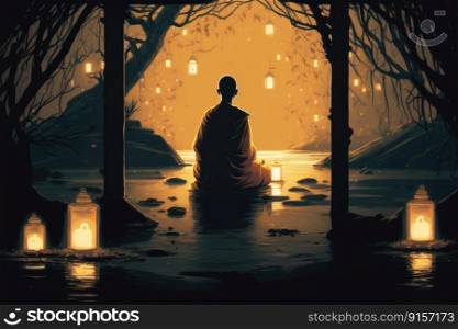 Monk sitting in lotus position on a rock and meditating viewed from back by generative AI