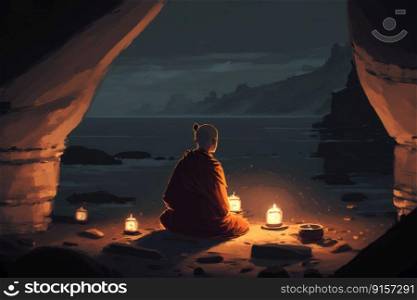 Monk sitting in lotus position on a rock and meditating viewed from back by generative AI