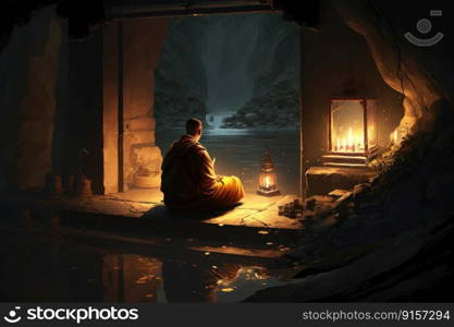 Monk sitting in lotus position on a rock and meditating viewed from back by generative AI