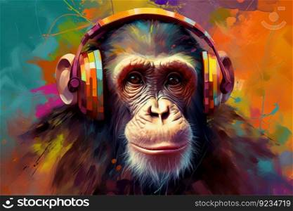 Monkey headphones color music. Print sign. Generate Ai. Monkey headphones color music. Generate Ai