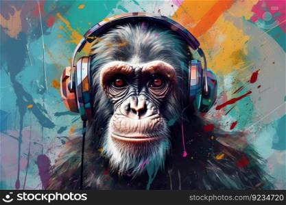 Monkey headphones color splash. Wild style. Generate Ai. Monkey headphones color splash. Generate Ai