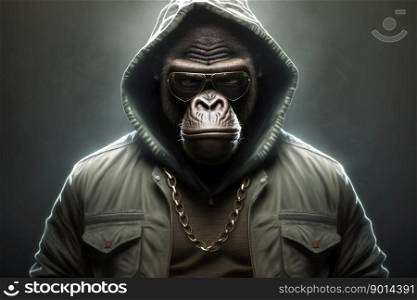 monkey in jacket and sunglasses with golden chains, rapper or bandit, gangster, cool gorilla. Illustration. Generative AI.
