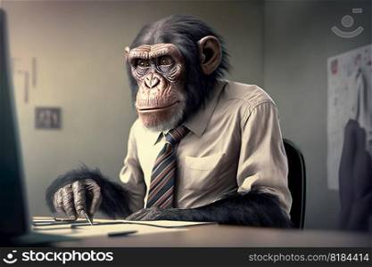 Monkey wearing suit in office , Businessman monkey sitting at office , Generative Ai