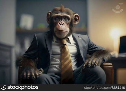 Monkey wearing suit in office , Businessman monkey sitting at office , Generative Ai