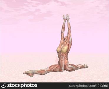 Monkey yoga pose for woman with muscle visible in pink background. Monkey yoga pose for woman with muscle visible