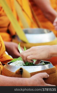 Monks collecting alms around the village