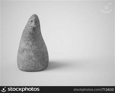 Monochrome 3D rendering of a cute stone figures with a face looking at you. Gray background.. 3D rendering of a stone figures with a face.