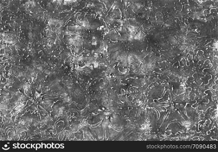 Monochrome abstract grunge background. Gray rough texture with scratches, dots and lines, with contours of colors. Tone transitions, white contours of daisies, daisies and algae. Hand drawing.. Monochrome abstract grunge background.