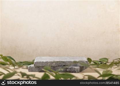 Monochrome beige template for mockup, banner. Flat granite pedestal and green leaves on light gray background. Stone stand for natural design concept. Horizontal image, center composition, hard light, front view