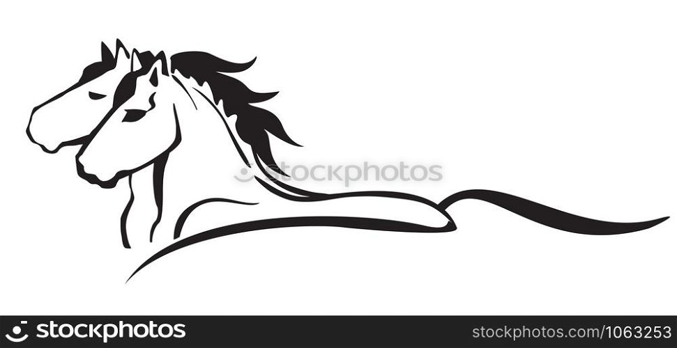 Monochrome decorative portrait in profile of two running horses, vector isolated illustration in black color on white background. Image for logo, design and tattoo.