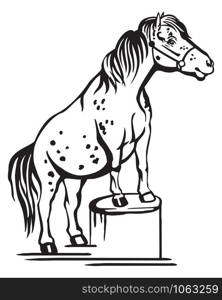 Monochrome decorative portrait of pony standing in profile on a stump, training pony. Vector isolated illustration in black color on white background. Image for design and tattoo.