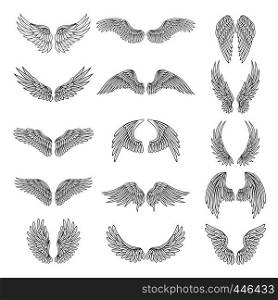 Monochrome illustrations set of different stylized wings for logos or labels design projects. Vector pictures set of line wings bird or angel. Monochrome illustrations set of different stylized wings for logos or labels design projects. Vector pictures set