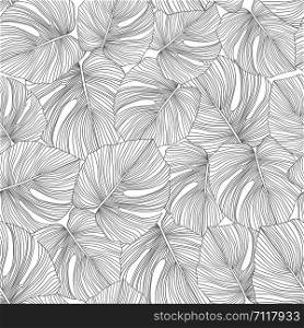 Monochrome monstera leaves seamless pattern. Tropical pattern, botanical leaf on white background. Trendy design for fabric, textile print, wrapping paper. Vector illustration. Monochrome monstera leaves seamless pattern. Tropical pattern,