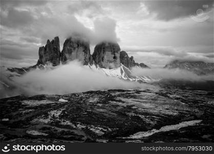Monochrome photo of Tre Cime mountain, Italian Dolomites