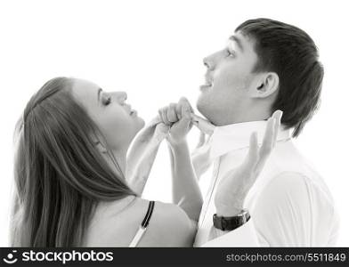 monochrome picture of conflicting couple over white