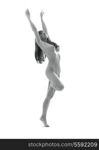 monochrome picture of dancing naked girl over white