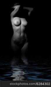 monochrome picture of naked woman standing in dark water