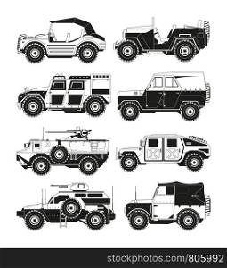Monochrome pictures of military vehicles. Illustrations of army. Vector vehicle military, transport for defense. Monochrome pictures of military vehicles. Illustrations of army