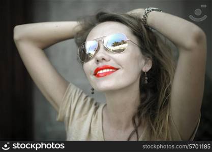 Monochrome Portrait of Young Beautiful Woman with Red Lips