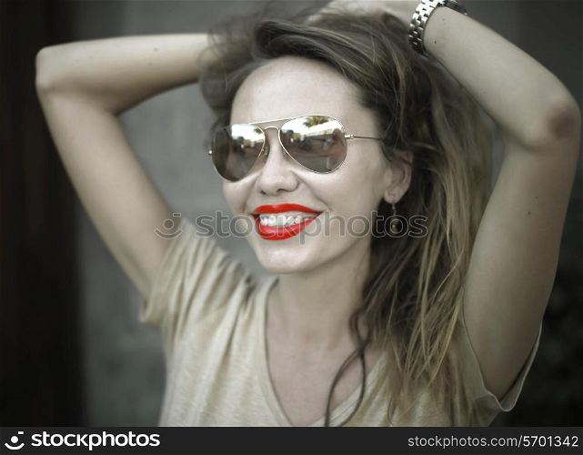 Monochrome Portrait of Young Beautiful Woman with Red Lips