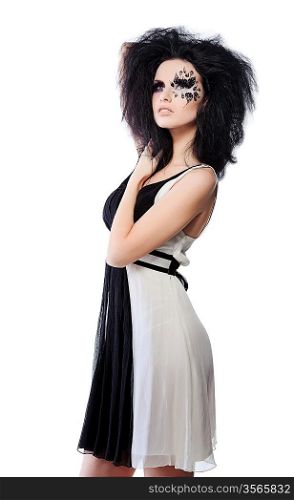 Monochrome style woman with art make up and magnisifent hair on white background