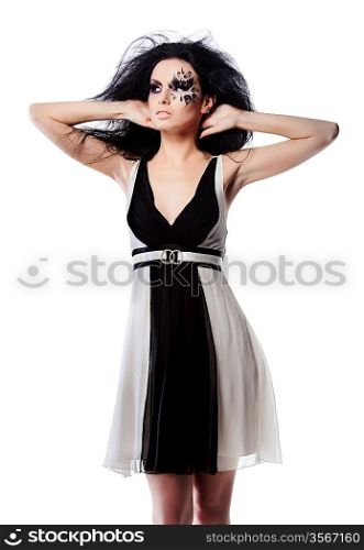 Monochrome style woman with face art in dress on white background