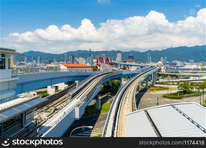 monorail track and highway red bridge to Kobe downtown Hyogo Kansai Japan