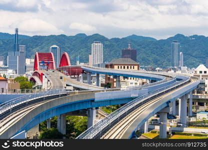 monorail track and highway red bridge to Kobe downtown Hyogo Kansai Japan