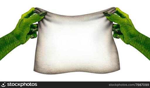 Monster holding a blank banner as zombie hands with a dirty grunge sign for a creepy halloween or scary symbol with textured green skin wrinkled monster fingers and stitches isolated on a white background..