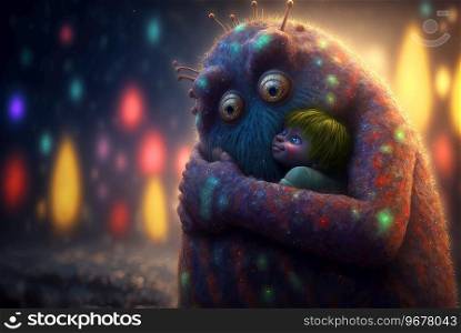 Monster hugging the child. Cute scene with mother monster love. Generated AI