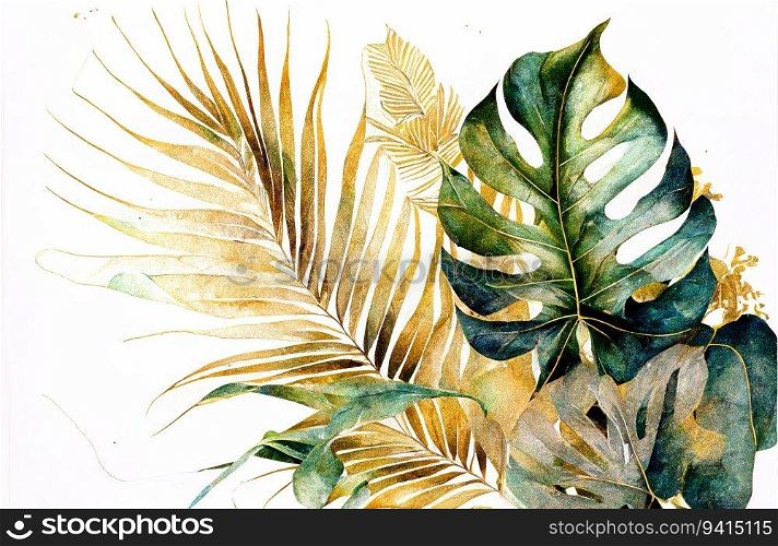 Monstera and palm leaves floral watercolor golden green background. Generative AI design. Monstera and palm leaves floral watercolor background. Generative AI