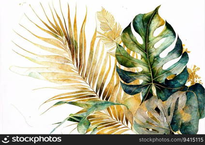 Monstera and palm leaves floral watercolor golden green background. Generative AI design. Monstera and palm leaves floral watercolor background. Generative AI