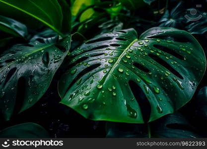 Monstera plant leaves, dark nature concept, tropical leaf background. Ai generated