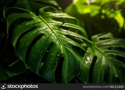 Monstera plant leaves, dark nature concept, tropical leaf background. Ai generated