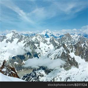 Mont Blanc mountain massif summer landscape view from Aiguille du Midi Mount,  French   and helicopter above