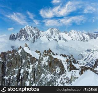 Mont Blanc mountain massif summer landscape (view from Aiguille du Midi Mount, France)