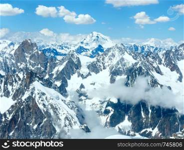 Mont Blanc mountain massif summer landscape. View from Aiguille du Midi Mount, French.