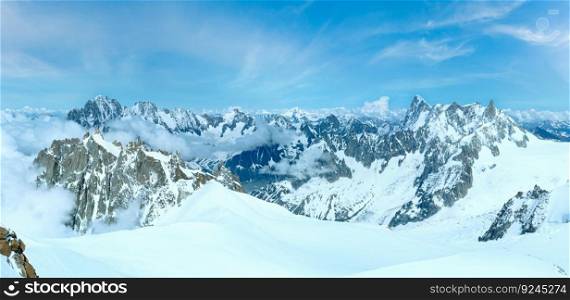 Mont Blanc mountain massif summer panorama (view from Aiguille du Midi Mount, France )