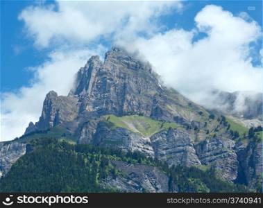 Mont Blanc mountain massif summer view from lake Passy (Chamonix, France).