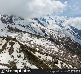 Mont Blanc rocky mountain massif summer view from Aiguille du Midi Cable Car, Chamonix, French Alps