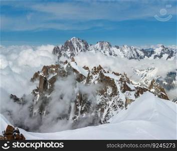 Mont Blanc rocky mountain massif summer view from Aiguille du Midi Mount, Chamonix, French Alps