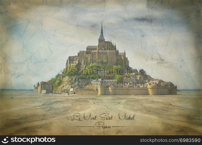Mont Saint Michel on Vintage Paper in Normandy, France