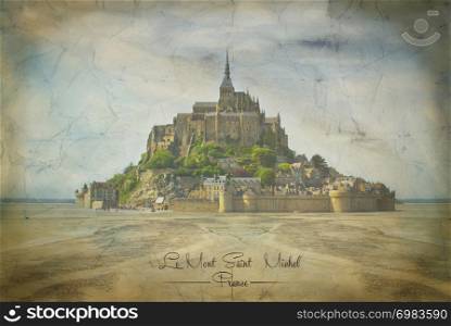 Mont Saint Michel on Vintage Paper in Normandy, France