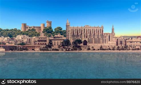montage illustration of the bellver castle and palma de mallorca cathedral